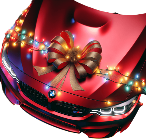 Photorealistic red BMW M3 Wrapped with Christmas lights that light up in various colors, little golden bow on hood, top view