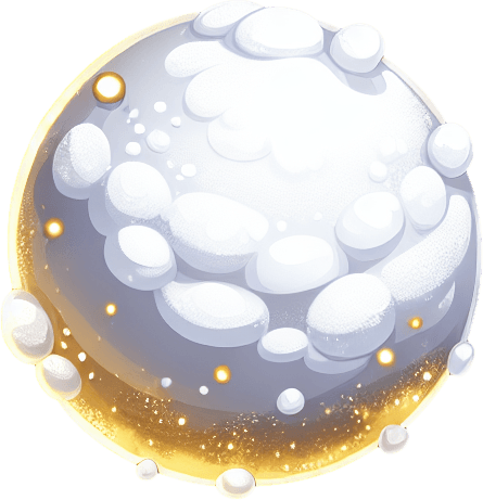 a snowball with magical powder, white color with golden tone, cartoon Single Game Texture. In-Game asset. 2d. Blank background. High contrast. No shadows.