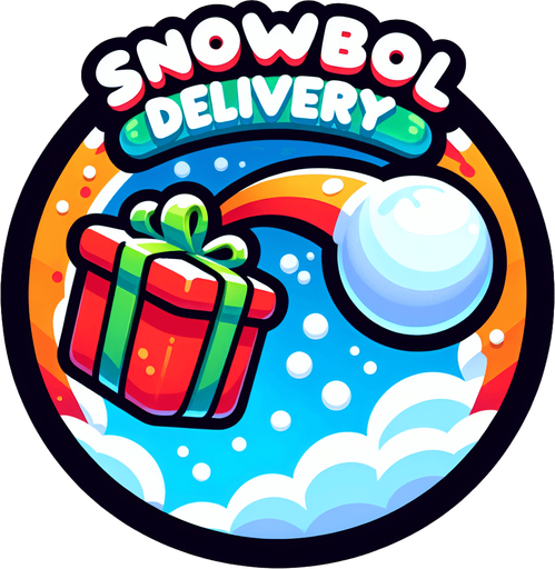 Icon for a snowball hitting a present in the sky, on a circle, with the text „Snowball Delivery“ at top, cartoon, christmas style Single Game Texture. In-Game asset. 2d. Blank background. High contrast. No shadows.