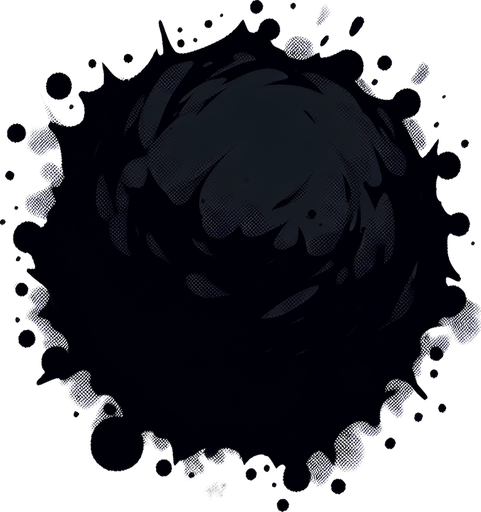A dark inkblot of ink. The blot should be round but with slightly irregular edges, and seen from a slightly elevated perspective. Game illustration style. It should be solid black..
Single Game Texture. In-Game asset. 2d. Blank background. High contrast. No shadows.