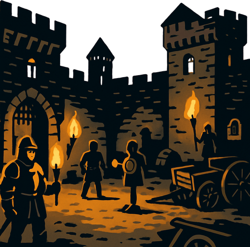 A medieval castle courtyard at dusk, guards patrolling, torches lit, training dummies and old carts, surrounded by stone walls and towers.
In-Game asset.  2d.  High contrast.  No shadows