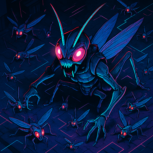 Neon cyberpunk horror anime top down isometric Lokix Nymble robot locusts swarming