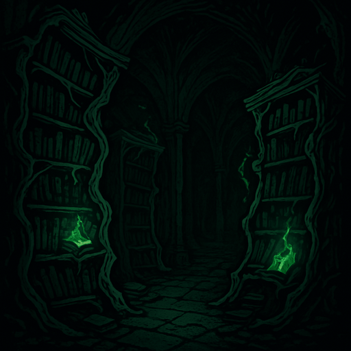 A cursed medieval library with twisted bookshelves, dark green glow from cursed tomes, whispers echoing through shadowed halls, realistic.
In-Game asset.  2d.  High contrast.  No shadows