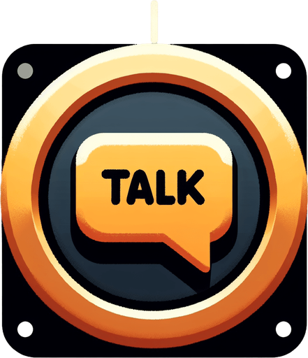 A talk button with a buble and a word 'talk'.
Single Game Texture. In-Game asset. 2d. Blank background. High contrast. No shadows.