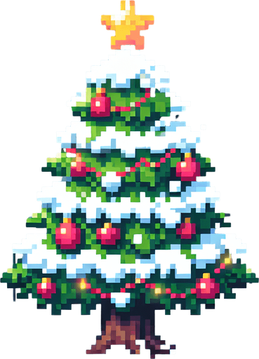 pixel art of a christmas tree covered in snow. Single Game Texture. In-Game asset. 2d. Blank background. High contrast. No shadows.