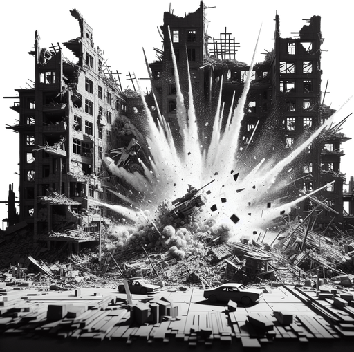a city that is wartorn and has many explosoins and brocken buildings.
Single Game Texture.  In-Game asset.  2d.  Blank background.  High contrast.  No shadows