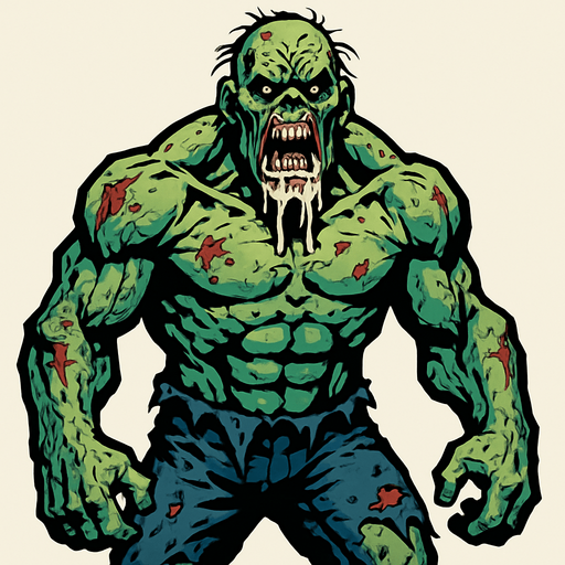 bana büyük bir zombi yap ama yine ağızında salyalar olsun dağınık olsun ve güçlü dursun.
In-Game asset.  2d.  High contrast.  No shadows