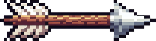 A wooden arrow with white feathers and a steel arrow head. Horizontal. Pixel art.
Single Game Texture.  In-Game asset.  2d.  Blank background.  High contrast.  No shadows