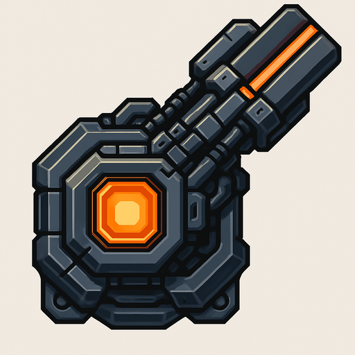 2D top-down view sci-fi laser turret, mounted on a rotating base, glowing energy cell, detailed mechanical parts, metallic finish, compact and powerful look, pixel art or vector style, no background.
In-Game asset.  2d.  High contrast.  No shadows