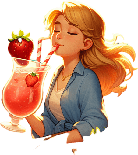 An idyllic llustration of a beach cove where a blnd girl in a strawhat i en joying an enormous strawberry drink on her sailing boat as the sun sets. Clean game art illustration style..
Single Game Texture. In-Game asset. 2d. Blank background. High contrast. No shadows.