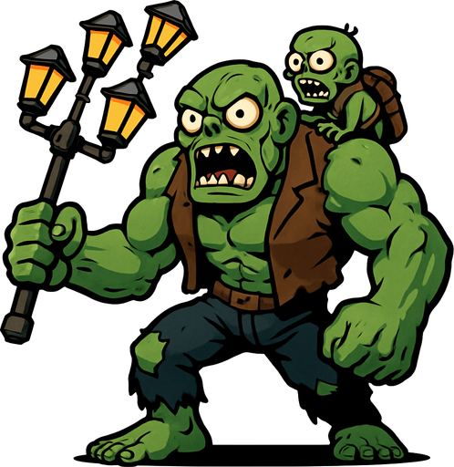 Un zombi gigante y musculoso de piel verdosa. Viste un chaleco marrón roto y pantalones oscuros desgarrados, dejando ver parte de sus piernas. En su mano derecha, blande un poste de luz improvisado con cuatro farolas, usándolo como arma. Sobre su espalda, lleva a un zombi pequeño, sujeto por unas correas. Sus ojos son grandes y saltones, y su boca está abierta mostrando una dentadura irregular, dándole una expresión de furia..
In-Game asset.  2d.  High contrast.  No shadows
