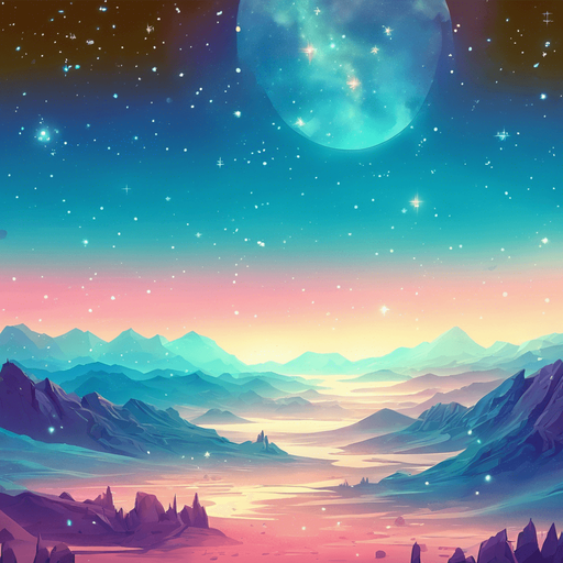 beautiful mountainous view. starry sky, pastel colours, high definition, alien world. Single Game Texture. In-Game asset. 2d. Blank background. High contrast. No shadows.