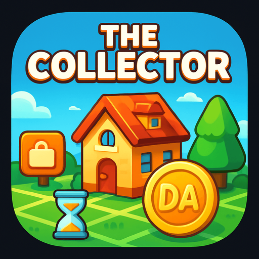 Modern App Store icon, square with rounded corners,  HD colors for a 2d game titled "The Collector" and with the description "about building houses and trees and decorations on a map to make it look like city, which then generate "DA" coins after a countdown timer expires. Players can collect these coins to increase their score, which they can then use to purchase more houses and trees and decorations from the shop button on the middle left side of the screen". with text on the middle top of the banner "the collector"!