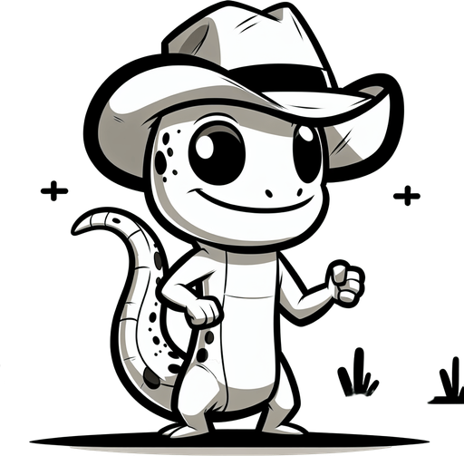 cartoon gecko with a cowboy hat.
Single Game Texture. In-Game asset. 2d. Blank background. High contrast. No shadows.