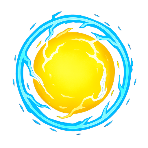 Glowing energy sphere. Spherical. Yellow and blue.
In-Game asset.  2d.  High contrast.  No shadows