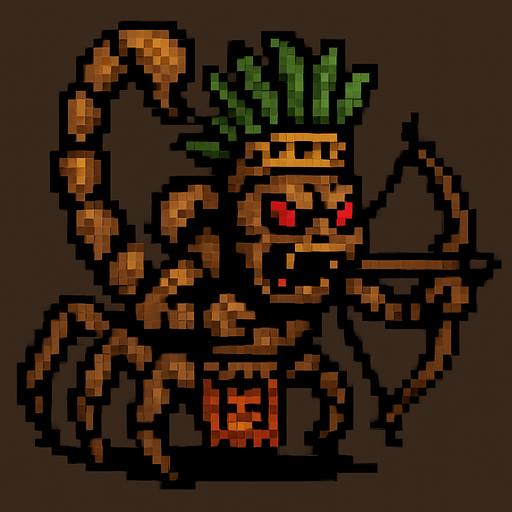 Genérame una Escorpion Colombiano guerrero azteca con eso patrones, estilo pixelar, con una apariencia maligna, ojos rojos, rabioso. Unidad a distancia, con un arco o cerbatana. Animal.
In-Game asset.  2d.  High contrast.  No shadows