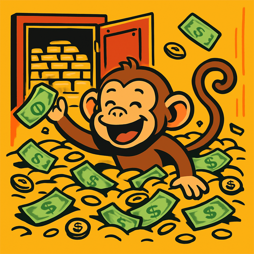 Let the background be a safe full of gold and the monkey swimming in money..
In-Game asset.  2d.  High contrast.  No shadows