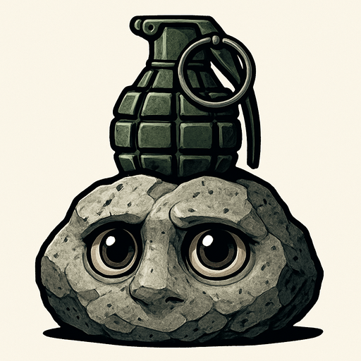una piedra con ojos muy realista con una granada encima.
In-Game asset.  2d.  High contrast.  No shadows