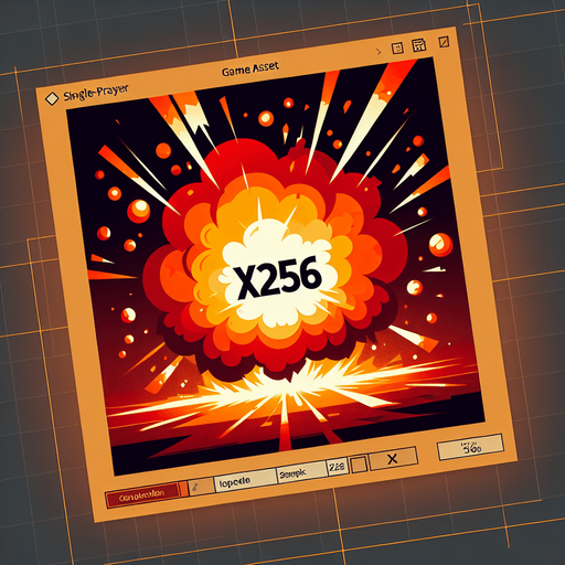 爆炸，里面有“X256”的字样,暖色调.
Single Game Texture. In-Game asset. 2d. Blank background. High contrast. No shadows.