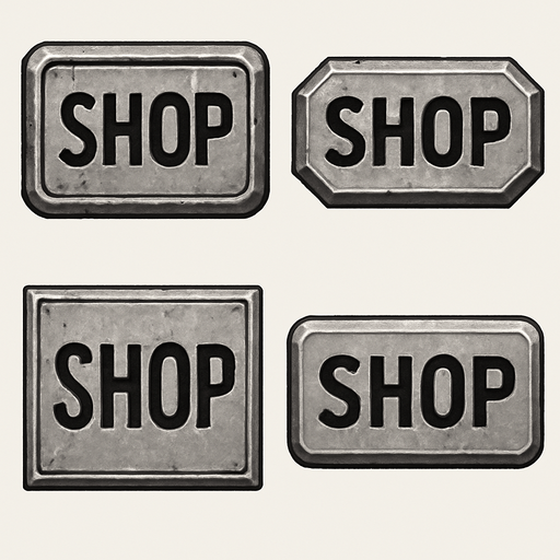 Different shop buttons of metal, metal rectangles
In-Game asset.  2d.  High contrast.  No shadows