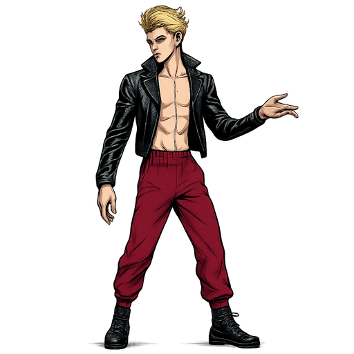 Swishy graceful man Cyberpunk manga, idle animation, shiny black leather biker jacket longsleeves shirtless Skinny abs blonde pompadour guy, wine red joggers combat boots, Background removed, "Full-body character, entirely in frame, no cropping of face, head, or feet" "Complete character visible, from head to toe, fully centered in the image" "Entire character, including face and boots, fully within the frame" Character fully contained within a square frame, no edges cut off fashion model idle pose