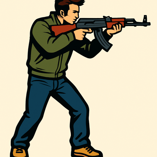 claude speed de gta 3 apuntando con una ak47 desde una perspectiva lateral de cuerpo completo
In-Game asset.  2d.  High contrast.  No shadows