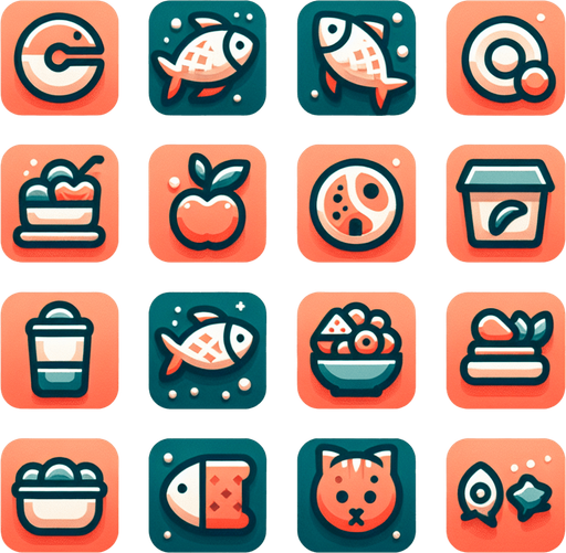 набор иконок в одном стиле. Иконка рыбы и корма для нее.
Single Game Texture.  In-Game asset.  2d.  Blank background.  High contrast