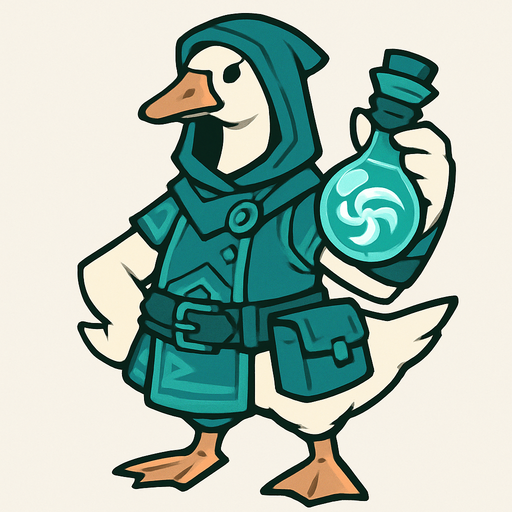 Emden Goose in Cyan Outfit of Treasure Hoarders armed with cyan anemo potion.
In-Game asset.  2d.  High contrast.  No shadows