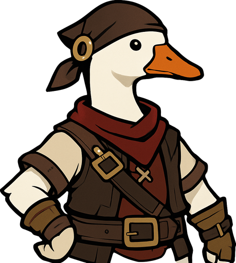 Emden Goose in Outfit of Treasure Hoarders.
In-Game asset.  2d.  High contrast.  No shadows