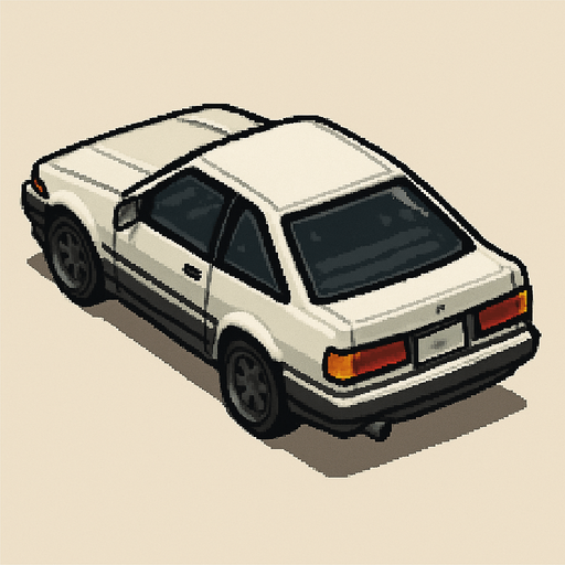 JDM car, seen from behind see from 45 degree 

Top-down, gta2, Single Game Texture. In-Game asset. 2d. Blank background. High contrast. No shadows.isometric