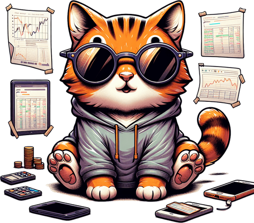 The character in the image is a cartoon-style, orange tabby cat with noticeable stripes, wearing oversized, round, dark opaque sunglasses. Its body is smaller compared to its head, emphasizing a cute, chubby appearance. Dressed in a simple, light-colored hoodie with a drawstring, this cat, equipped with a digital device and papers scattered around, embodies the essence of a stock tracker in a state of urgency, trying to sell tokens rapidly. With its paws depicted as if managing multiple tasks at once, the character combines a playful and whimsical style with the dynamic, sometimes chaotic world of trading, making it an engaging mascot or protagonist for narratives exploring the fast-paced realm of finance..
Single Game Texture. In-Game asset. 2d. Blank background. High contrast. No shadows.