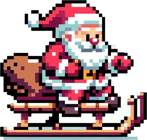 8-bit. cartoon. santa on sledge. smiling. in game asset. Single Game Texture. In-Game asset. 2d. Blank background. High contrast. No shadows.