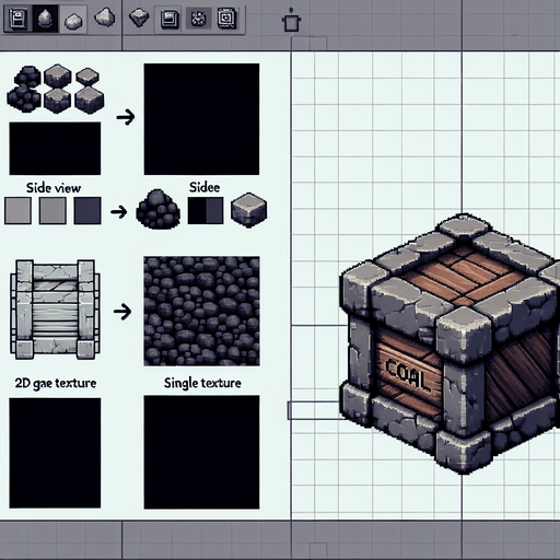 pixel art of a crate made of stone with a label of coal on the side, flat side view. Single Game Texture. In-Game asset. 2d. Blank background. High contrast. No shadows.
