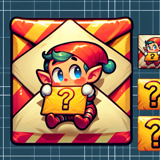 a cartoon envelope with an toy elf on it holding a questionmark.
Single Game Texture. In-Game asset. 2d. Blank background. High contrast. No shadows.