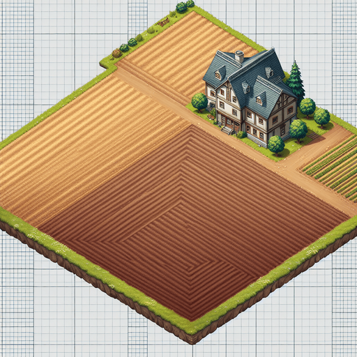 A straight top down perspective illustration of a large empty field with fertile, plowed but unplanted brown soil.There should be a farmhouse near the top..
Single Game Texture. In-Game asset. 2d. Blank background. High contrast. No shadows.