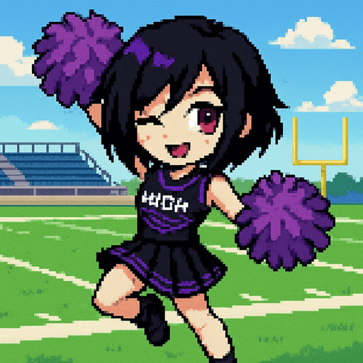 A cute anime-style girl rendered in pixel art, with an emo aesthetic and striking purple eyes, is wearing a high school cheerleader uniform and holding pom-poms in both hands. With her arms and legs extended in a dynamic pose, she winks playfully while cheering. The background is an American football field.