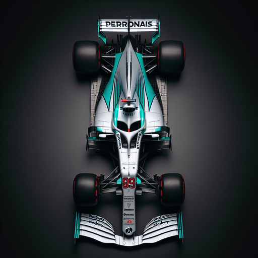 Silver f1 mercedes race car with turquoise green lines and REARwings and white "PETRONAIS" text on wings.
Red race number on car nose. black Blackberry text on sides. Top view.