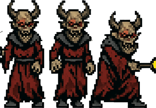 A sprite sheet for grotesque demonic sorcerer with a staff. Two walking sprites with alternating legs and one attack sprite where the staff is lowered and aimed to shoot a spell. Straight on front view. Retro pixelated art.. white background
In-Game asset.  2d.  High contrast.  No shadows