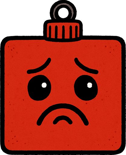a sad square red Christmas decoration..
In-Game asset.  2d.  High contrast.  No shadows