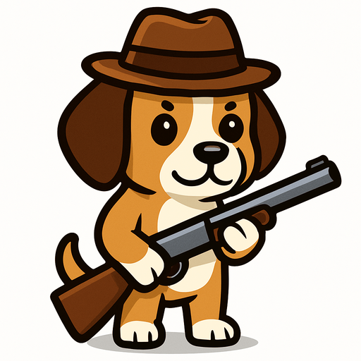 a dog cute dog with a hat and a shotgun.
In-Game asset.  2d.  High contrast.  No shadows