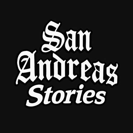 letras blancas con un contorno negro con cursiva. que dicen san andreas stories
In-Game asset.  2d.  High contrast.  No shadows con el tipo de letra del el juego gta san andreas