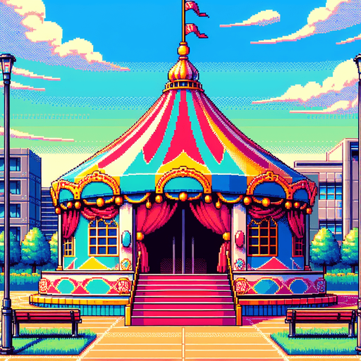 8 bit colorfull image about anime image of circus tent at city field.
Single Game Texture.  In-Game asset.  2d.  Blank background.  High contrast.  No shadows