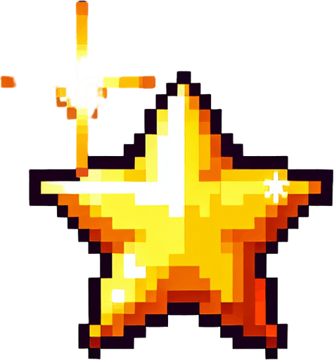A small, glowing golden star collectible in pixel art style. Shiny with a subtle sparkle effect, floating slightly above the ground. Simple and bright, easy to spot during fast gameplay. Designed to reward players for precision jumping. Transparent background..
Single Game Texture.  In-Game asset.  2d.  Blank background.  High contrast.  No shadows