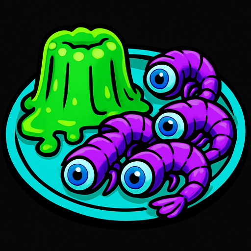 Alien food: Some green, oozing jelly and some purple shrimp with blue Human eyes all on a plate
In-Game asset.  2d.  High contrast.  No shadows.