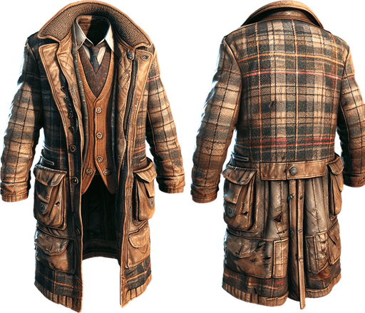 granddads coat.
Single Game Texture.  In-Game asset.  2d.  Blank background.  High contrast.  No shadows