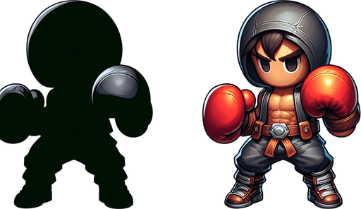 Fighter with 2 fight gloves, full body, mini fighter.
Single Game Texture. In-Game asset. 2d. Blank background. High contrast. No shadows, digital art style