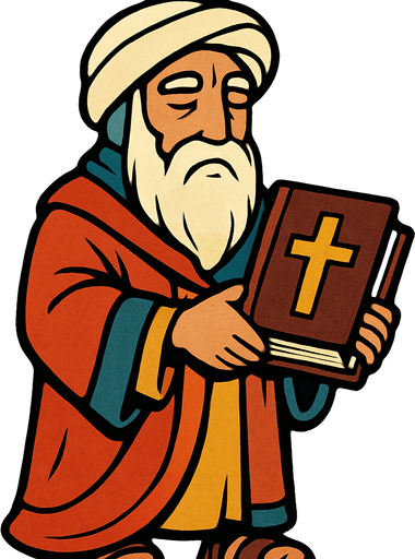 2D character that looks like a prophet and holds a holy book in his hand..
In-Game asset.  2d.  High contrast.  No shadows