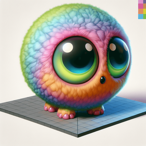 Round furry, cute alien ball with big eyes. vivid colours, looking at 45 degrees to the right.
Single Game Texture. In-Game asset. 2d. Blank background. High contrast. No shadows.