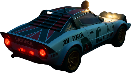 Photorealistic Lancia Stratos Rallycar in nightlight, drone topview from back and 45 degrees angle in top right corner. Replace Lancia to Lacika and Alitalia to All Italia