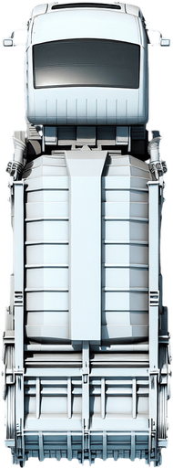 Zenith view of a white rectangular Harvester shape of a garbage truck with a triangular head.
Zenith view. Directly overhead. Plumb view.